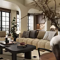 Elegant Spacious Living Room With High Ceiling Arched Window Chandelier And Bookshelves