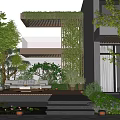 Modern Courtyard Garden With Green Foliage Ivy Covered Wall Outdoor Sofas Water Pond And Steps
