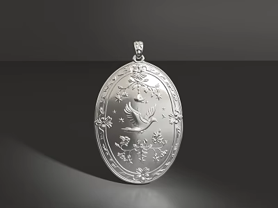 Elegant Silver Oval Pendant With Intricate Floral Patterns And Bird Design 3d model
