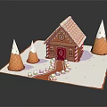 Festive Gingerbread House With Red Door Cone Shaped Trees And White Snow Decorations