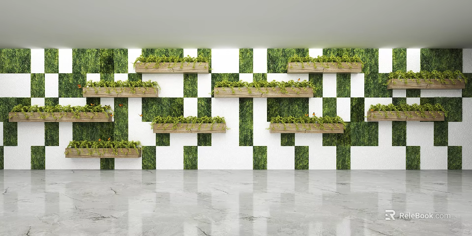Modern Green Wall Design With White Squares And Wooden Shelves Holding Plants 3d model 
