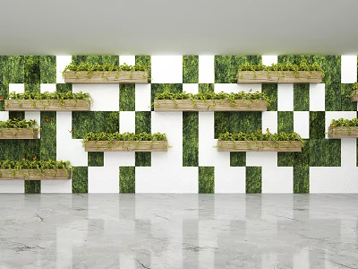 Modern Green Wall Design With White Squares And Wooden Shelves Holding Plants 3d model