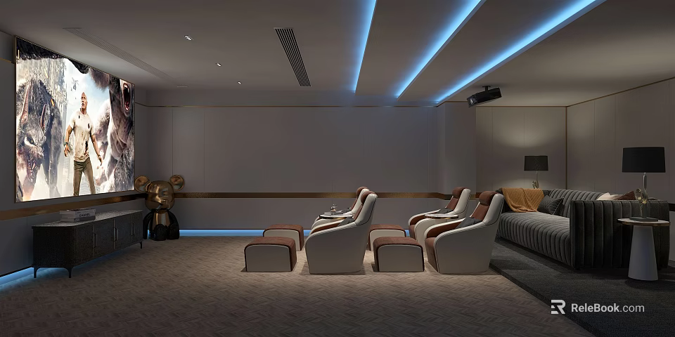 Luxurious Home Theater Room With Comfortable Recliner Seats Projector And Ambient Lighting Design 3d model 