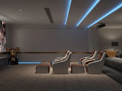 Luxurious Home Theater Room With Comfortable Recliner Seats Projector And Ambient Lighting Design 3d model