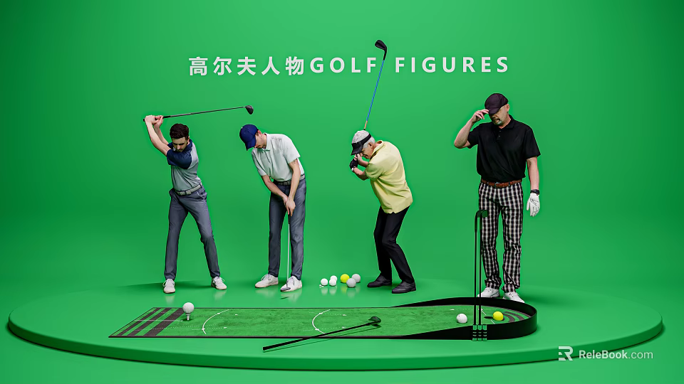Group of People Practicing Golf Swings on Green Surface With Balls And Clubs 3d model 