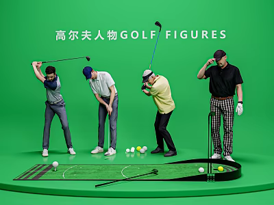 Group of People Practicing Golf Swings on Green Surface With Balls And Clubs 3d model