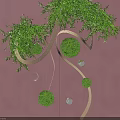 Fresh Indoor Landscape With Hanging Greenery Moss Balls Curved Lines Pink Wall And Glass Spheres