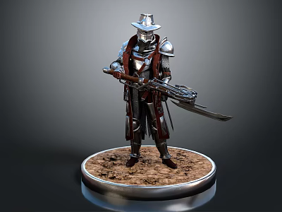 Elegant Detailed 3D Armored Character With Silver Hat And Sword On Circular Sand Base 3d model