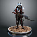 Elegant Detailed 3D Armored Character With Silver Hat And Sword On Circular Sand Base