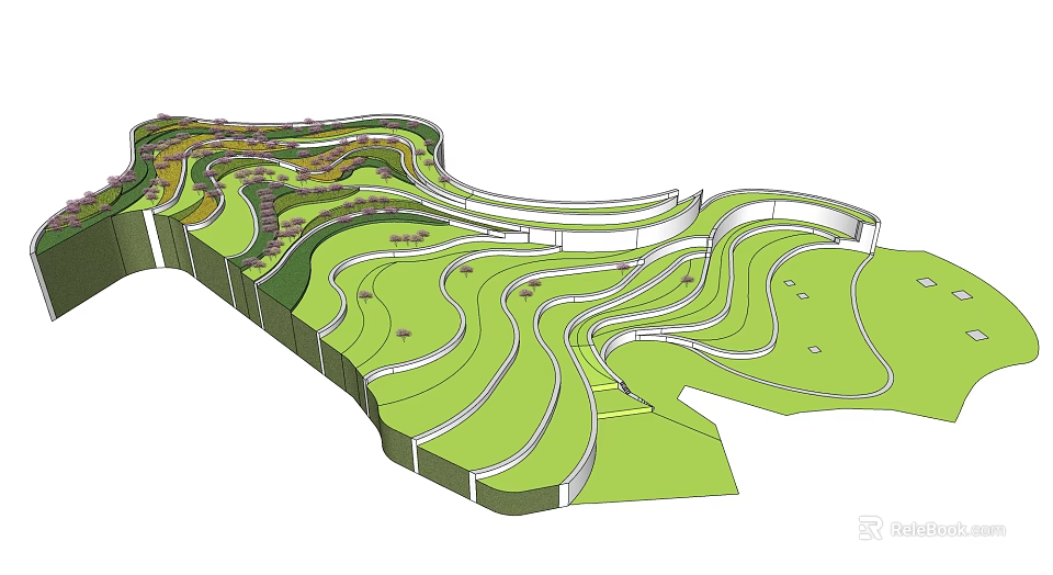 Green Wavy Landscape Design With Layered Terraces And Curved Paths 3d model 