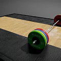 Sports Equipment Barbell With Colorful Weight Plates On Black Mat And Wooden Board