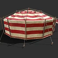 Red And White Striped Outdoor Canvas Tent With Wooden Poles And Octagonal Design