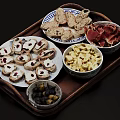 Appetizer Platter With Sliced Bread Crackers Prosciutto Olives and Toppings on Wooden Tray