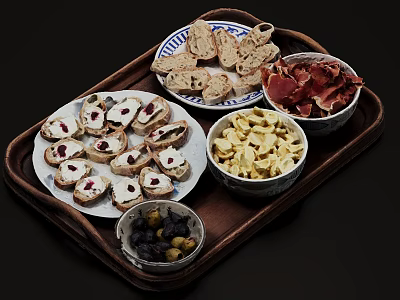 Appetizer Platter With Sliced Bread Crackers Prosciutto Olives and Toppings on Wooden Tray 3d model