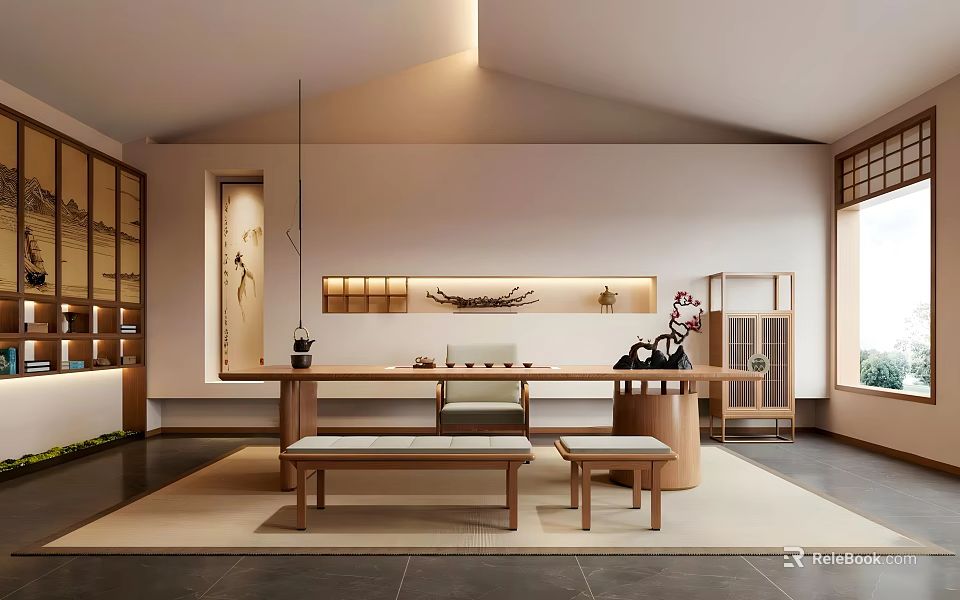 Traditional Tea Room Interior Design With Wooden Long Table Tea Sets Benches And Natural Light 3d model 