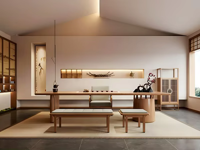 Traditional Tea Room Interior Design With Wooden Long Table Tea Sets Benches And Natural Light 3d model