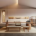 Traditional Tea Room Interior Design With Wooden Long Table Tea Sets Benches And Natural Light