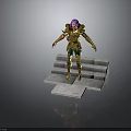 Purple Haired Fantasy Character In Decorated Golden Armor Standing On Gray Steps With Green Pants