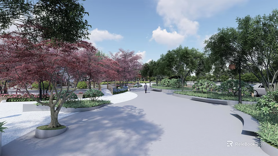 Scenic Park Landscape With Red Leaved Trees Green Foliage Winding Path Pedestrians And Blue Sky 3d model 
