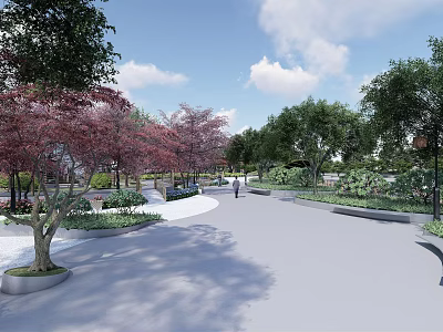 Scenic Park Landscape With Red Leaved Trees Green Foliage Winding Path Pedestrians And Blue Sky 3d model