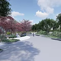 Scenic Park Landscape With Red Leaved Trees Green Foliage Winding Path Pedestrians And Blue Sky