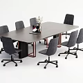 Black Rectangular Conference Table With Six Gray Swivel Office Chairs And Decorative Vase 3d model