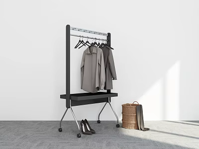 Black Rolling Clothes Rack with Gray Coats Lower Shelf High Heels and Woven Basket 3d model
