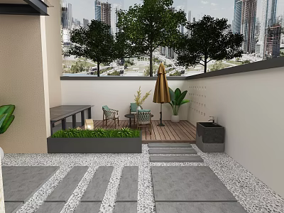 Terrace Garden Landscape With Wooden Flooring Table Chairs Umbrella Green Plants Steps And City Skyline 3d model