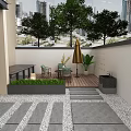 Terrace Garden Landscape With Wooden Flooring Table Chairs Umbrella Green Plants Steps And City Skyline