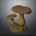 Two Mushroom Shaped Food With Textured Surface And Green Yellow Dotted Base