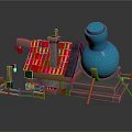 Colorful Cartoon Scene With Small House Red Roof Chimney Blue Bottle And Wooden Fence