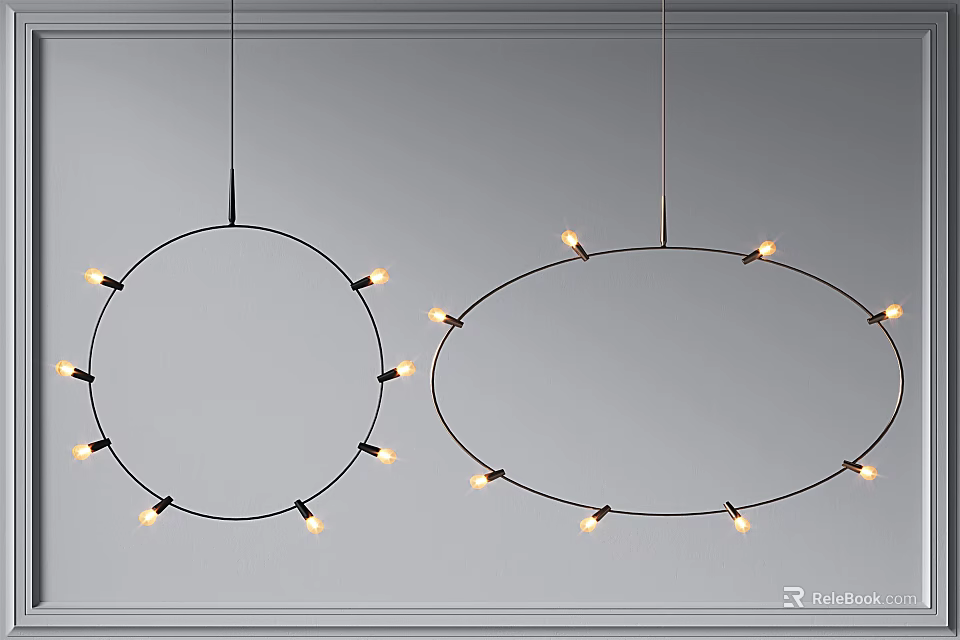 Modern Black Frame Circular And Oval Chandeliers With Small Hanging Bulbs 3d model