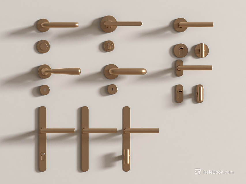 Golden Door Handles Various Styles And Designs Arranged On Light Background 3d model 