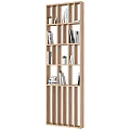 Wooden Partition with Multi Shelf Design Holding Books and Small Potted Plants