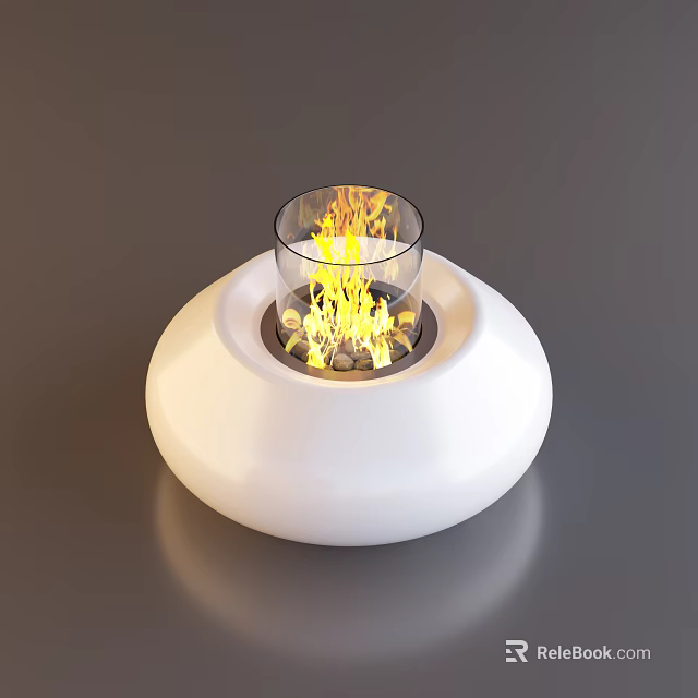 Stylish White Round Coffee Table With Glass Bowl Featuring Flames and Decorative Stones 3d model 