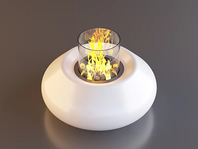 Stylish White Round Coffee Table With Glass Bowl Featuring Flames and Decorative Stones 3d model