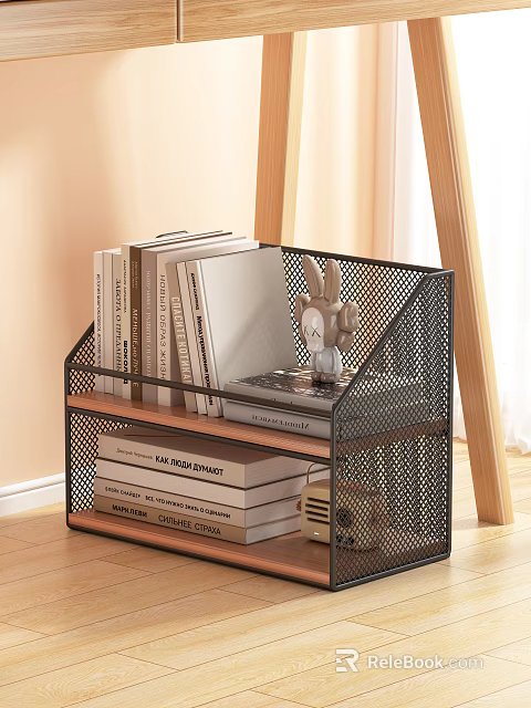 Cozy Study Room With Metal Mesh Bookshelf Stacked Books And Rabbit Figurine On Wooden Floor 3d model 