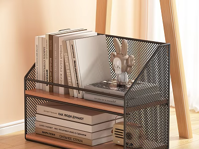 Cozy Study Room With Metal Mesh Bookshelf Stacked Books And Rabbit Figurine On Wooden Floor 3d model