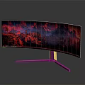 Modern Curved Monitor Displaying Vibrant Red Purple Mountain Landscape With Sleek Stand