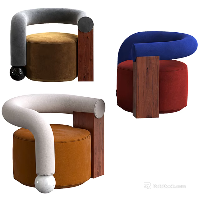 Stylish Modern Single Sofa Upholstered in Brown Blue Red Orange with Wooden Legs 3d model 