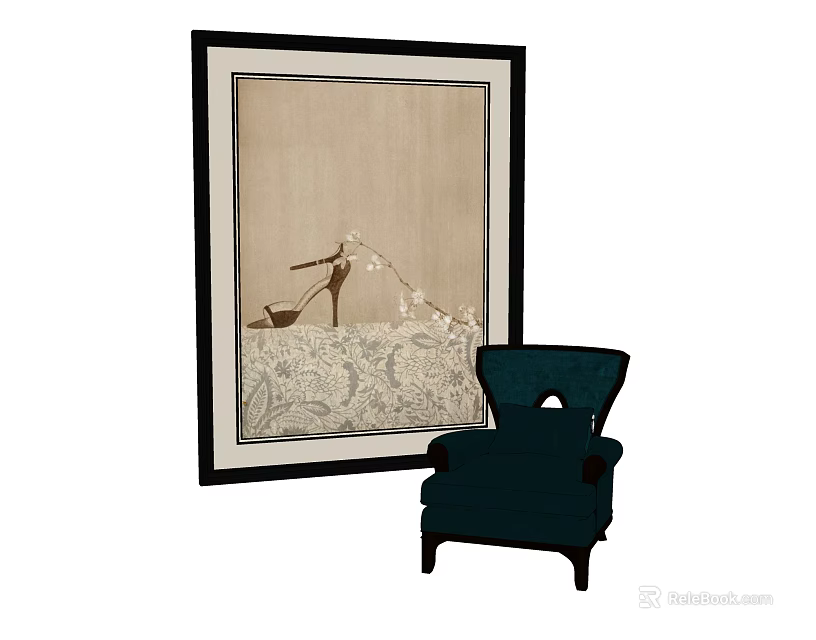 Dark Blue Armchair With Armrest In Interior Next To Large Framed 3d model 