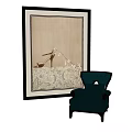 Dark Blue Armchair With Armrest In Interior Next To Large Framed