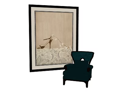 Dark Blue Armchair With Armrest In Interior Next To Large Framed 3d model