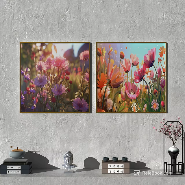 Vibrant Botanical Paintings with Pink Purple Orange Flowers Hung on Gray Wall and Decorative Accents 3d model 