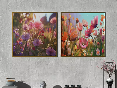 Vibrant Botanical Paintings with Pink Purple Orange Flowers Hung on Gray Wall and Decorative Accents 3d model