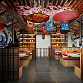 Colorful Japanese Restaurant Interior With Cherry Blossom Decor Red Umbrellas And Wooden Partitions