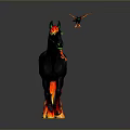 Black Horse With Flaming Mane Tail Hooves And Flying Black Bird Beside