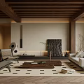 Warm Living Room Interior Design With Wooden Ceiling Stone Fireplace Sofa And Herringbone Rug