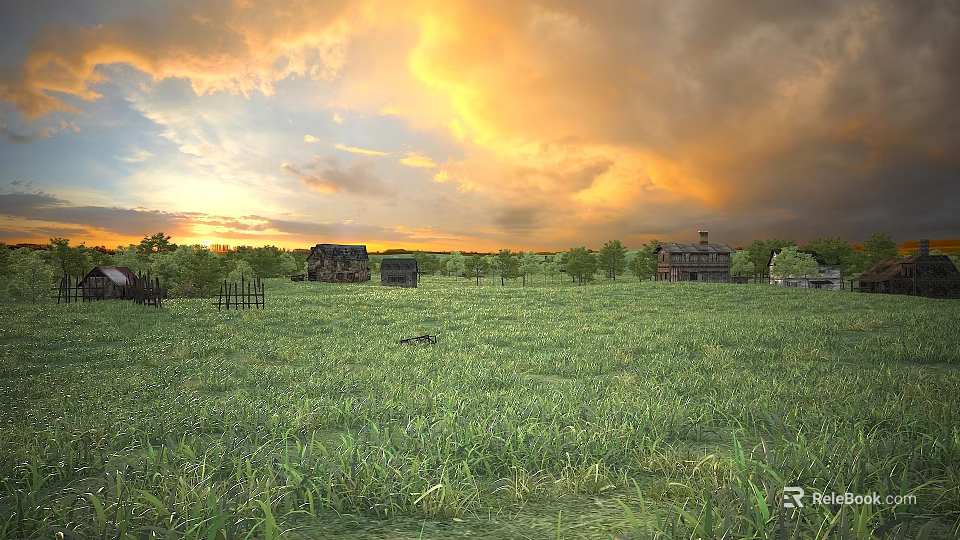 Beautiful Golden Sunset Rural Landscape With Vast Green Meadow Old Rustic Houses And Distant Trees 3d model 