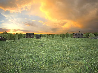 Beautiful Golden Sunset Rural Landscape With Vast Green Meadow Old Rustic Houses And Distant Trees 3d model